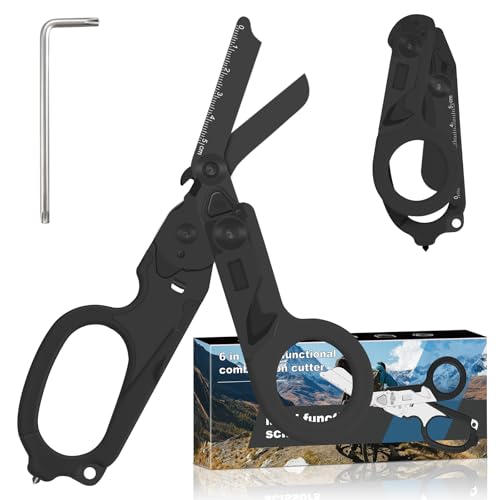 Image of 6 in 1 Multifunctional Combination Tool, Folding Retractable Emergency Shears, Outdoor Camping Tools, Seat Belt Cutter, Oxygen Cylinder Wrench, Complimentary Adjustable Wrench (Electroplating black)