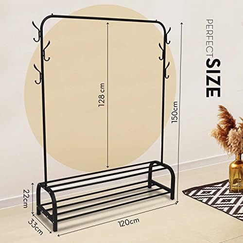 Arckraft Metal Clothes Rail with Hooks and Clothing Rack for Drying and Hanging Garments, Portable Heavy Duty 2-Tier Storage Shelf for Bedroom for Coats, Shirts, Shoes (Black)