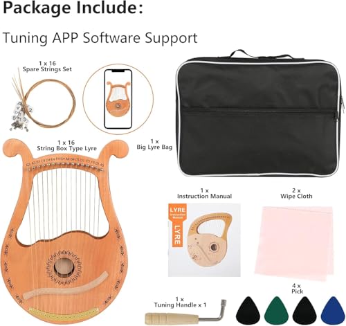 Lyre Harp, 16 Strings Mahogany Wood Lyre Harp with Extra Strings, Picks, Tuning Lever, Black Gig Bag, Beginner's Manual for Lyre