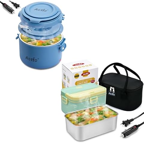 Aotto Electric Lunch Box Portable Food Warmer and Heater Blue and Green Cover