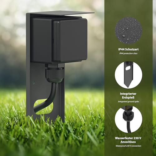 ledscom.de Garten Steckdosen-Säule PIWI mit Erdspieß und 2m Kabel für außen, IP44, 1-Fach, anthrazit