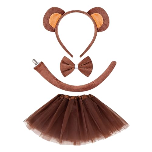 Lunyloer 4 Affen Kostüm Set Affenohren Tier Affen Ohren Stirnbänder Langen Schwanz Fliege Mädchen für Fasching Karneval Kostüm Kinder Erwachsene Karneval Verkleidung Cosplay