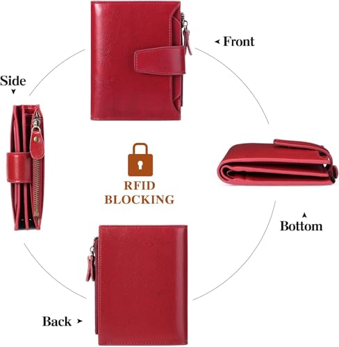 Small Wallet Women RFID Blocking Soft Leather Bifold Compact Card Holder Wallet for Women with Zipper Coin Pocket 4 ID Window Red4