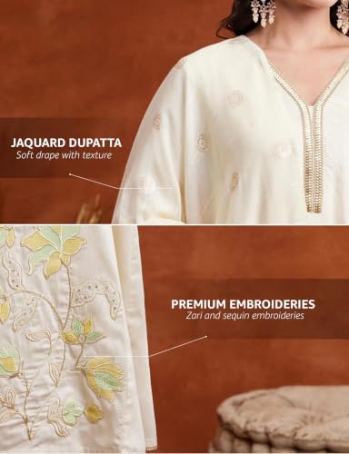 Image of Amazon Brand - Myx Women's Embroidered Kurta Suit Set with Dupatta with Jaquard Dupatta | A-Line Salwar Suit Set (Available in Plus Sizes)
