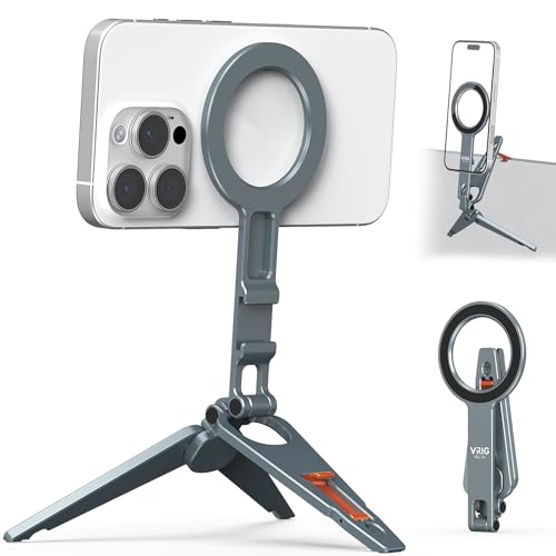 VRIG スマホスタンド Magsafe対応 スマホ三脚 全金属製 折りたたみ式 持ち運び便利 卓上/手持ち両用 片手操作 超強力磁力 360度回転 コールドシュー付き iPhone/Android/セルフィー/生放送/撮影録画/動画鑑賞に最適
