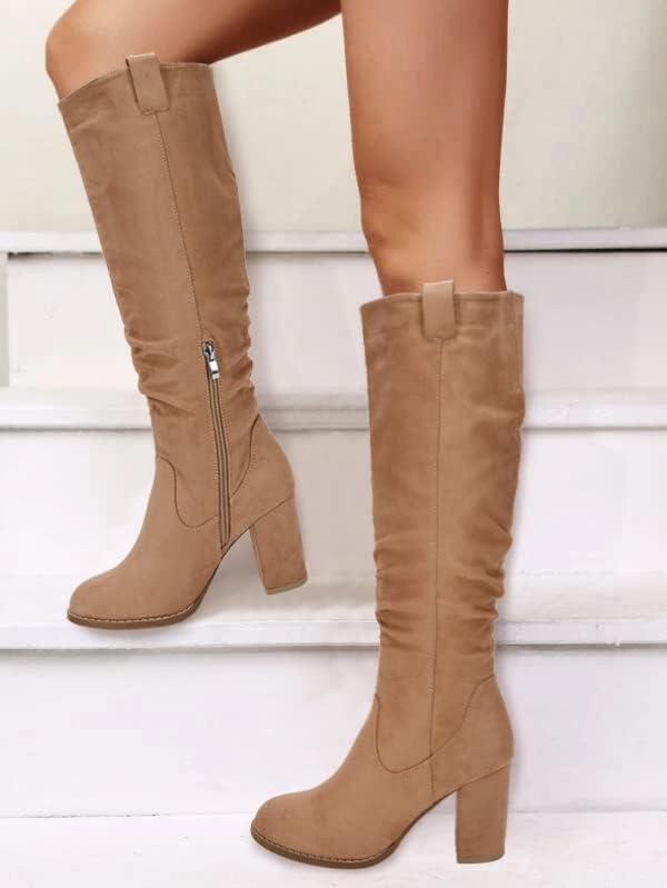 Juliet Holy Women's Knee High Boots Chunky Block Heel Wide Calf Round Toe Side Zipper Fashion Dress Boot Light Brown - Image 6
