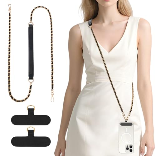 Dadanism Universal Phone Lanyard, Metal Cellphone Chain Crossbody, Anti-Theft Cross Body Phone Strap for iPhone 16, 15 and Most Smartphones, Cellphone Charm for Women Girls, Black & Gold