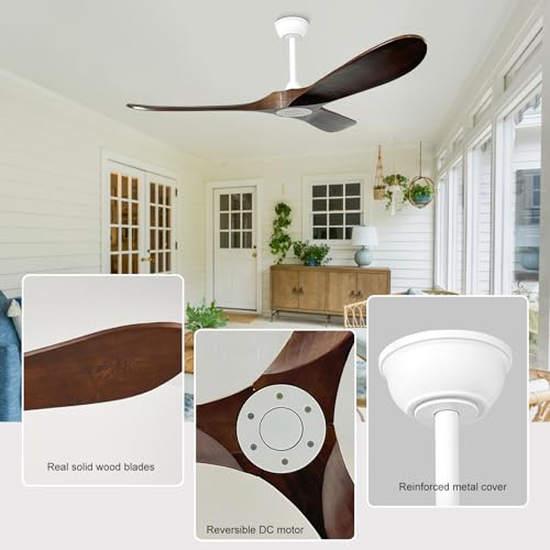 Image of 52'' Outdoor Ceiling Fan No Light,6 Speeds Adjustable with Large Airflow,Quiet Operation,Wood Propeller Ceiling Fan for Garage,Gazebo,Living Room,Bedroom(White+Dark Walnut)