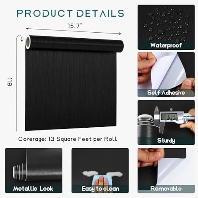 VEELIKE Black Brushed Stainless Steel Contact Paper for Kitchen Appliances 15.7''x118'' Black Peel and Stick Wallpaper Waterproof Self Adhesive Contact Paper for Countertops Cabinets Fridge Dishwasher