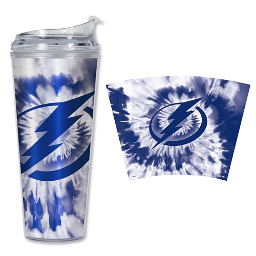 Rico Industries NHL Hockey Tampa Bay Lightning Team Color Tie Dye 24oz Metallic Acrylic Tumbler with Hinged Lid, Officially Licensed Double Wall Tumbler with Straw