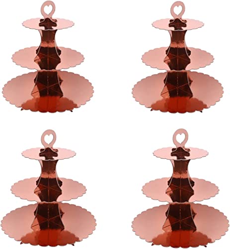 4 Stück Rose Gold Tortenständer aus Karton, 3 Etagen Servierständer Muffinständer Cupcake Ständer für Geburtstag Party, Kaffeetafel, Hochzeit, Babypartys - Wiederverwendbar Etagere (A-Rotgold)