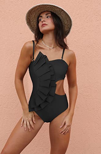 SPORLIKE Women One Piece Swimsuit Flounce Swimwear Hole Out Bathing Suit Padded Monokini2