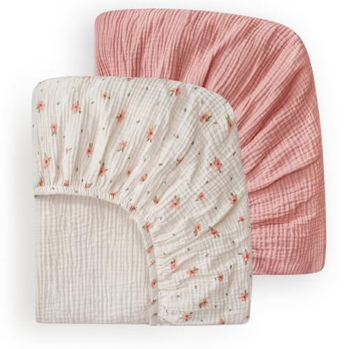 Image of Blissful Diary Muslin Mini Crib Sheets, 2 Pack, Pink Floral&Light Pink | fitted for pack n play, soft and breathable cotton, boho style, easy care for machine wash, gifts for boys and girls