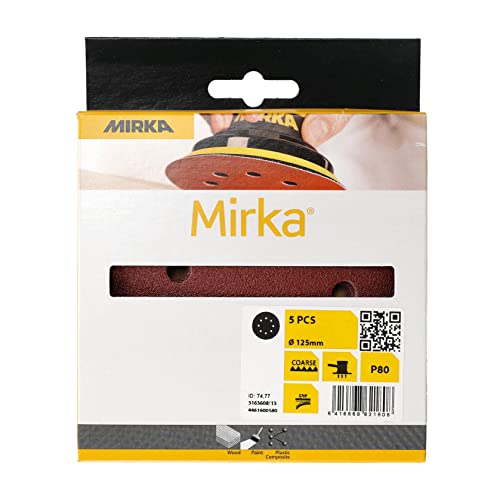 Mirka Red Abrasive paper Sanding discs diameter 125 mm/Hook & loop fastening / 8 holes/grit P80 / 5 pieces/for sanding wood metal and plastic - Image 2