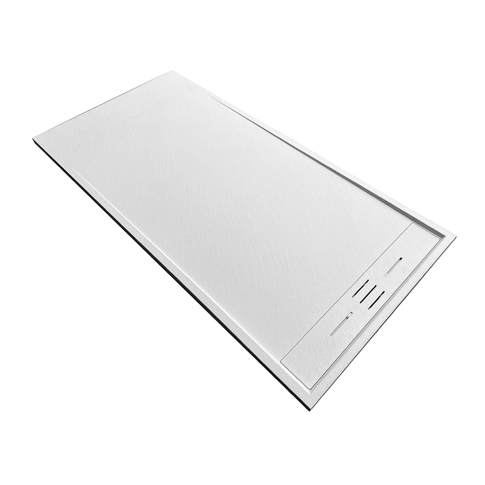 Piatto doccia 70x140 cm bianco effetto pietra in resina, spessore 3 cm e scarico con canalina, riducibile su misura ARGO