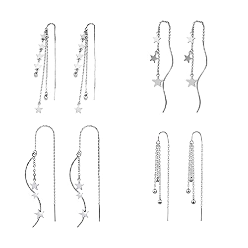 4 Pcs Star Chain Tassel Threader Earrings for Women Silver Lightweight Star Beaded Curved Ear Line Wave Dangle Drop Earrings Minimalist Charm Long Threader Earrings Set