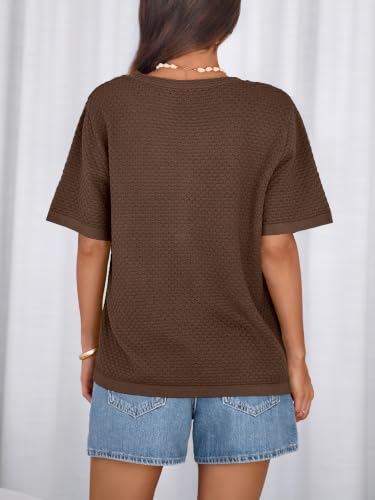 Image of NALANISA Women's Short Sleeve Sweater Spring Summer Crochet Knit Tops 2026 V Neck Striped Button Down Dressy Casual Blouses