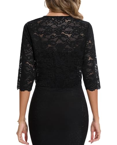 Image of MINTLIMIT Women's Elegant Floral Lace Shrug Bolero Summer Lightweight 3 /4 Sleeve Hook Open Front Cropped Cardigan for Dresses