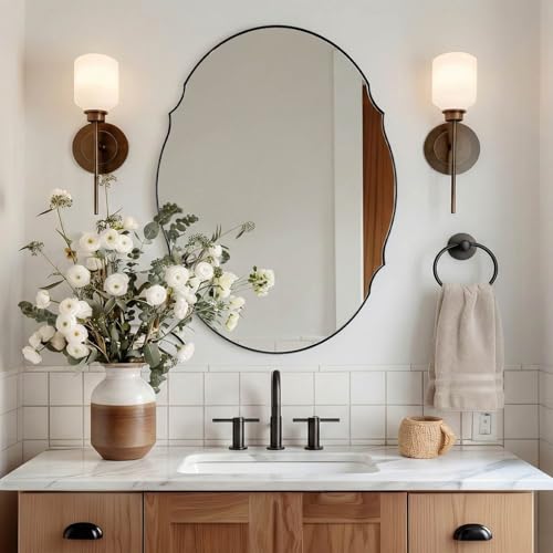 Image of ANDY STAR 30x40 Large Matte Black Scalloped Oval Bathroom Vanity Mirror