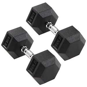 Signature Fitness Premium Rubber Encased Hex Dumbbell, Pair or Single, 10-100 Pounds