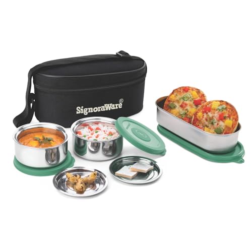 Image of Signoraware Double Decker Stainless Steel Lunch Box | Airtight & Leakproof | Ideal for Office & School Meals | Great for Travelling & Outdoors (260ml + 260ml + 650ml | Egreen)