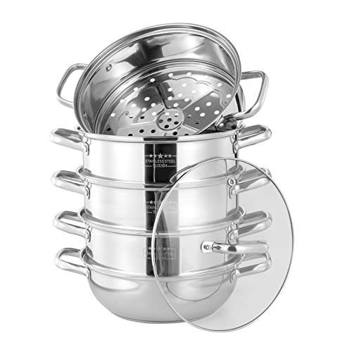 Vaporera de cinco capas integrada de acero inoxidable, preparación saludable, base reforzada, con 4 ollas de vapor, para ingredientes de vapor en restaurantes, hogar, diámetro interior 27,5 cm