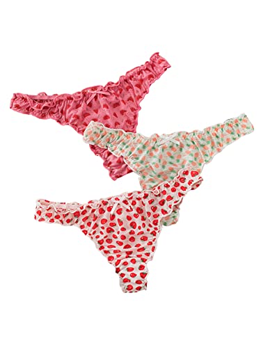 Verdusa Women's 3 Pack Graphic Thong Low Rise Lettuce Trim Underwear Panty Multicolor M #TOP14