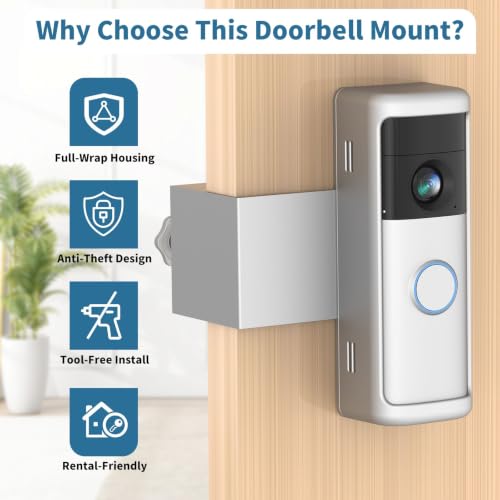 Image of Anti-Theft Doorbell Mount for Blink /Ring Battery Doorbell /Pro /Plus(2nd Gen) | No-Drill Doorbell Holder for Apartment Door, Renter Friendly Mounting Bracket, for Inward Swing Door, (1 Pack, Silver)