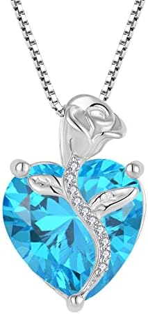 FJ Heart Birthstone Necklace for Women 925 Sterling Silver Rose Flower Necklace Jewellery Gifts for Women Mom Wife Girls Her