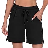 Litherday Shorts Deportivos Mujer Verano Pantalón Corto con Bolsillos Cintura Elástica y Abertura Lateral Transpirable para Casa Running Yoga Negro L