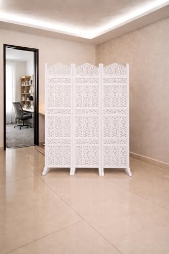 Image of Home & Goods International Wooden Room Divider Partition - Foldable Wood Screen Separator for Living Room, Bedroom, Office, Restaurant || Kangra Badrun Design, White (3 Panel with Stand)