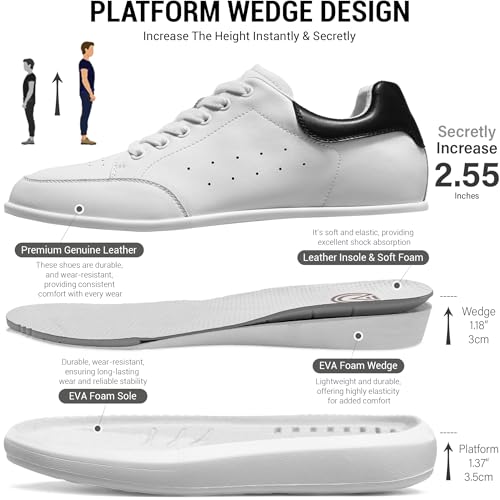 Leather Lace-up Platform Wedge Sneakers, 3 Inch Height Increasing Shoes, White Tennis Walking Shoes for Men & Women2
