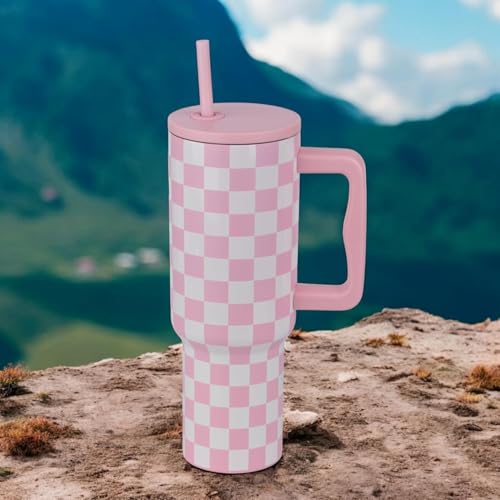 Image of Tumbler with lid and Straw 1200ML Cup Stainless Steel Insulated Cup for Water, Iced Tea or Coffee 1.2L Office Gym Travelling; Tumbler with Straw. (40-Oz-Pink Checks)