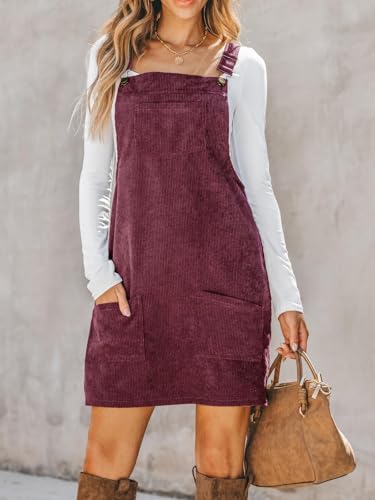 Image of CUPSHE Women Corduroy Fall Dresses Front Bib Pocket Square Neck Wide Strap Casual Overall Mini Dress