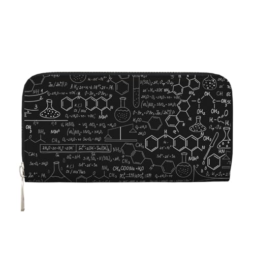 Portefeuille à main en cuir noir avec motifs de chimie et formules scientifiques