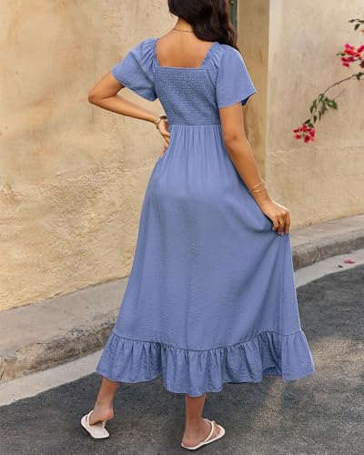 Image of BTFBM Womens Summer Dresses 2026 Casual Short Sleeve V Neck Drawstring Wedding Guest Maxi Dresses Boho Beach Long Dress