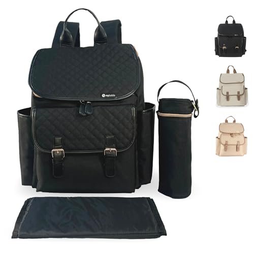My Babiie Changing Bag Backpack - With Insulated Bottle Holder Portable Changing Mat Baby Travel Bag Nappy Back Pack 9 Pockets - Black Quilted