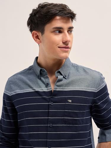 Image of THE BEAR HOUSE Men Button-Down Collar Horizontal Striped Cotton Slim Fit Casual Shirt