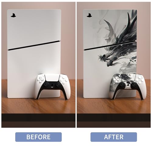 playvital Full Set Skin Sticker for ps5 Slim Console Digital Edition (The New Smaller Design), Vinyl Skin for ps5 Controller & Headset & Charging Station & Media Remote - Ink Spirit Dragon - Image 3