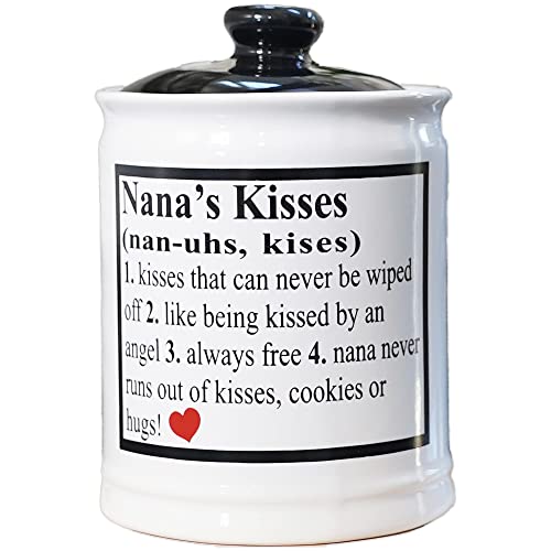 Cottage Creek Nana's Kisses Adult Piggy Bank, Gift Boxed Ceramic Black and White Kitchen Candy Jar, Storage Containers, Ideal Gifts for Women, Nana, Grandma, New Grandparents