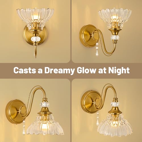 Image of 1 Piece Vintage Wall Sconce, 1-Light Brushed Gold Finish Wall Sconce with Hanging Crystal Accents and Flower-Shaped Clear Shades for Bathroom Bedroom Living Room,Vintage Vanity Light