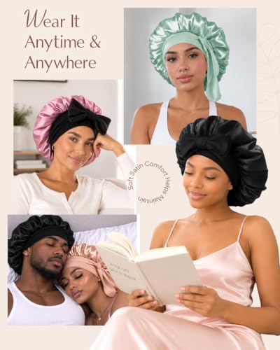 Image of BONNET QUEEN Silk Bonnet for Sleeping HYALURONIC Acid Reversible Double Layer Satin Bonnet for Curly Hair, Black, One Size