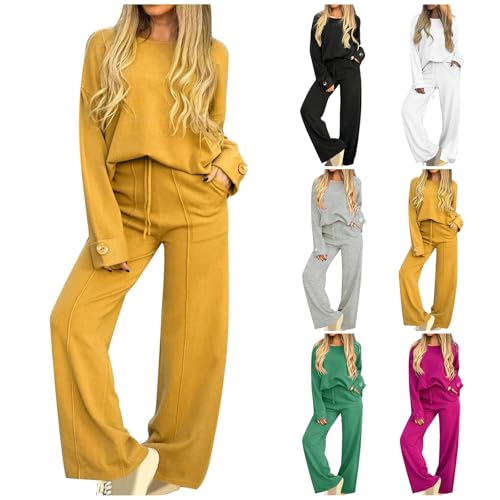 Womens Lounge Sets Long Sleeve Tops and Wide Leg Pants 2 Piece Loungewear Sweatersuits with Pockets3