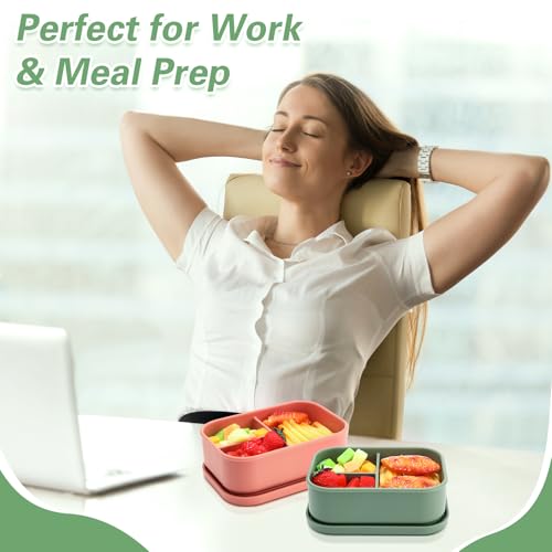 Image of Honeydak 6 Pcs Silicone Bento Boxes, 3 Compartment Lunch Containers | Reusable Silicone Bento Boxes for School, Work and Meal Prep; Microwave, Dishwasher and Freezer Use with Stackable Design
