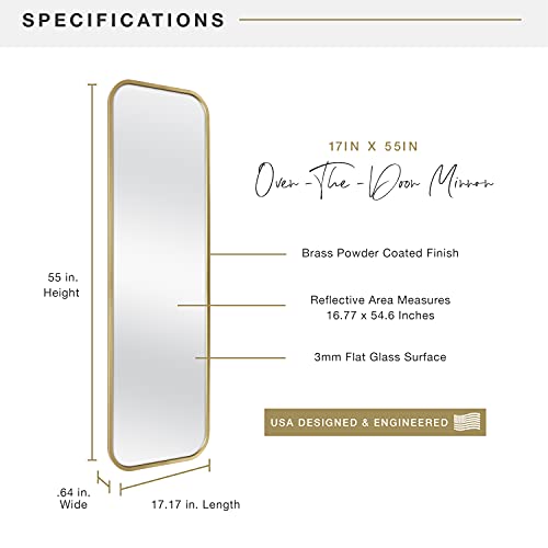 Image of MCS 17x55 Brass Metal Over The Door Mirror With Rounded Corners, Full Length Hanging Mirror for Bedroom and Bathroom Doors, No Tools Required