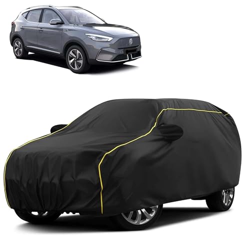 Image of Sulfar 100% Water Resistant Car Body Cover Compatible with Mirror for MG ZS EV (Triple Stitched, Full Bottom Elastic, Black Taffeta with Yellow Piping)