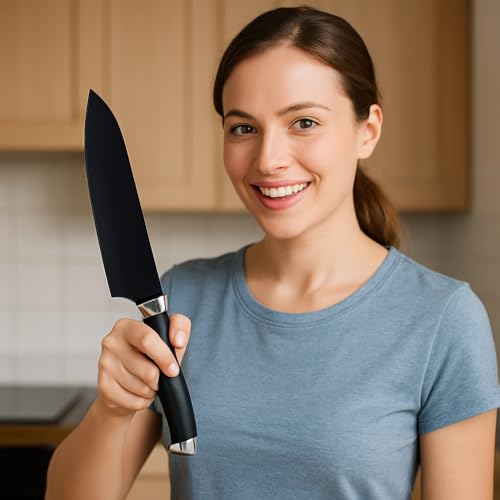 Image of Personalized 6.5-Inch Santoku Black Knife - Ultra-Light Chef Gadget, Cooking Knife, Razor Sharp Stainless Steel, Custom Engraved Kitchen Knife with Blade Cover & Gift Box (Black Santoku)