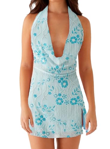Image of Women Halter Low Neck Mini Dress Sexy Cutout Sleeveless Boho Short Dresses Open Back Night Party Going Out Sundress