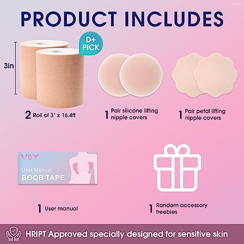Vbt 2 Pack Boob Tape - Breast Lift Tape, Body Tape For Breast Lift W 2 Pcs Silicone Breast Reusable Adhesive Bra& 2 Pcs Fabric Nipple Covers, Bob Tape For Large Breasts A-G Cup, Nude #TOP1