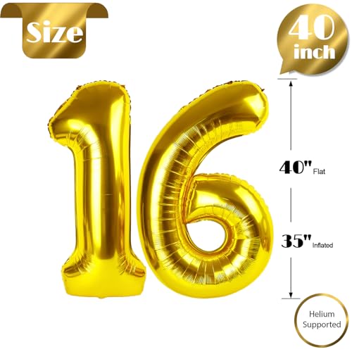Image of Gold Number 16 Balloon 40 inch, 16 Number Balloons, 16th Gold Birthday Decorations, 16 Year Old Golden Party Supplies